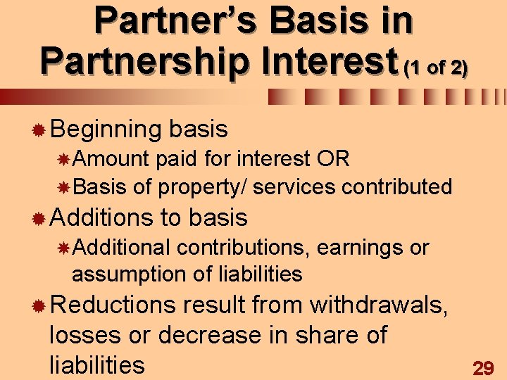Partner’s Basis in Partnership Interest (1 of 2) ® Beginning basis Amount paid for