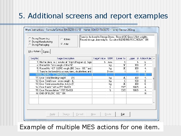 5. Additional screens and report examples Example of multiple MES actions for one item.