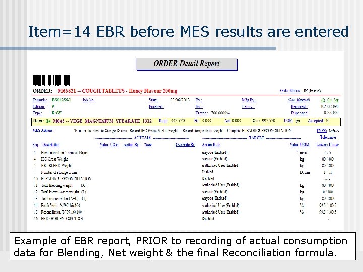 Item=14 EBR before MES results are entered Example of EBR report, PRIOR to recording