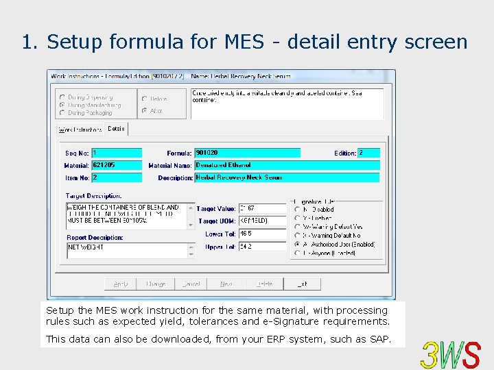 1. Setup formula for MES - detail entry screen Setup the MES work instruction