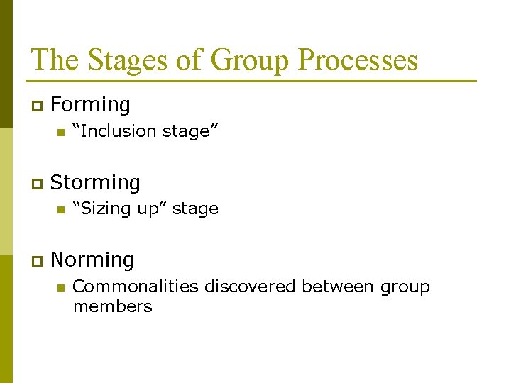 The Stages of Group Processes p Forming n p Storming n p “Inclusion stage” The Stages of Group Processes p Forming n p Storming n p “Inclusion stage”