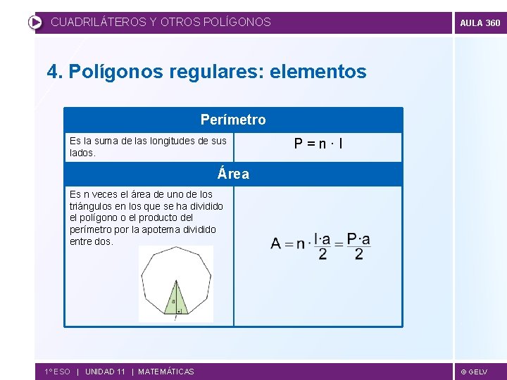 CUADRILÁTEROS Y OTROS POLÍGONOS AULA 360 4. Polígonos regulares: elementos Perímetro Es la suma