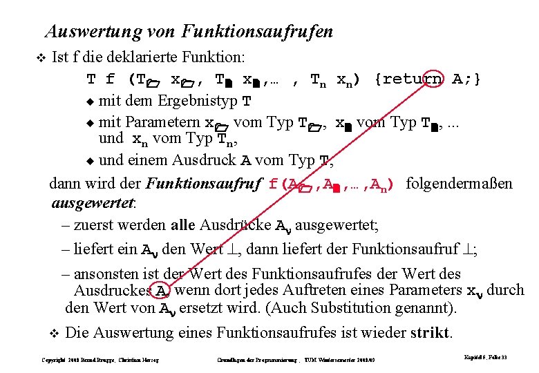 Auswertung von Funktionsaufrufen Ist f die deklarierte Funktion: T f (T x , … Auswertung von Funktionsaufrufen Ist f die deklarierte Funktion: T f (T x , …