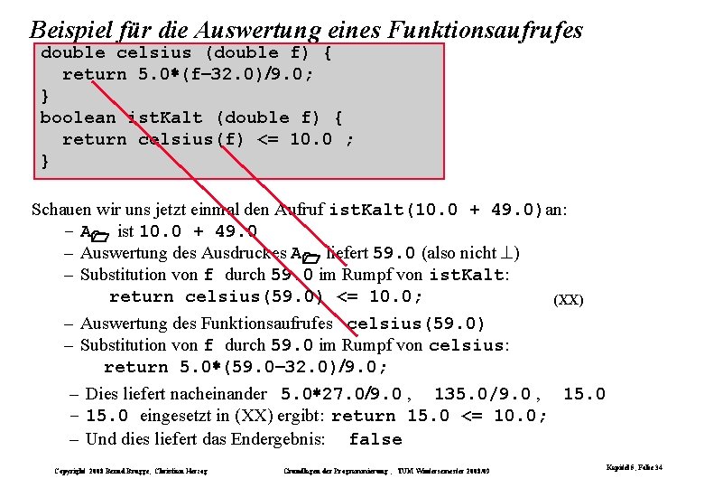 Beispiel für die Auswertung eines Funktionsaufrufes double celsius (double f) { return 5. 0 Beispiel für die Auswertung eines Funktionsaufrufes double celsius (double f) { return 5. 0