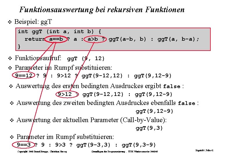Funktionsauswertung bei rekursiven Funktionen Beispiel: gg. T int gg. T (int a, int b) Funktionsauswertung bei rekursiven Funktionen Beispiel: gg. T int gg. T (int a, int b)