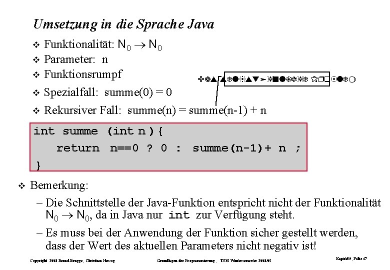 Umsetzung in die Sprache Java Funktionalität: N 0 Parameter: n Funktionsrumpf Das selbstähnliche Problem Umsetzung in die Sprache Java Funktionalität: N 0 Parameter: n Funktionsrumpf Das selbstähnliche Problem