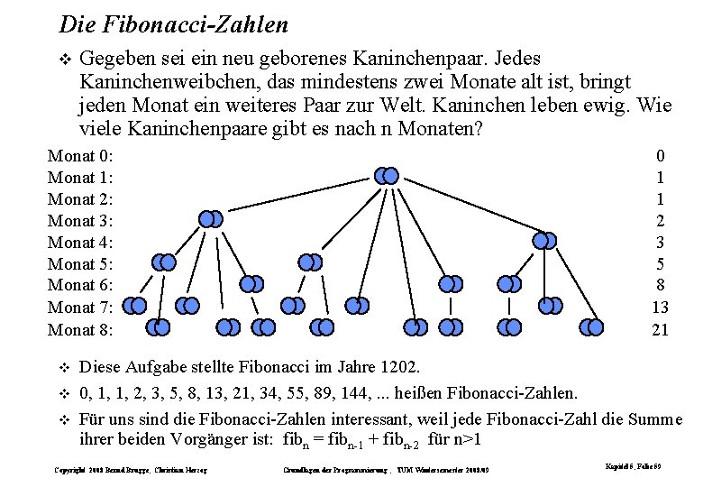 Die Fibonacci-Zahlen Gegeben sei ein neu geborenes Kaninchenpaar. Jedes Kaninchenweibchen, das mindestens zwei Monate Die Fibonacci-Zahlen Gegeben sei ein neu geborenes Kaninchenpaar. Jedes Kaninchenweibchen, das mindestens zwei Monate