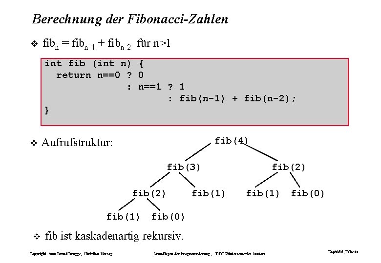 Berechnung der Fibonacci-Zahlen fibn = fibn-1 + fibn-2 für n>1 int fib (int n) Berechnung der Fibonacci-Zahlen fibn = fibn-1 + fibn-2 für n>1 int fib (int n)