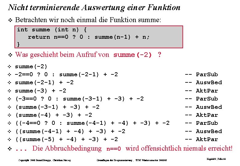 Nicht terminierende Auswertung einer Funktion Betrachten wir noch einmal die Funktion summe: int summe Nicht terminierende Auswertung einer Funktion Betrachten wir noch einmal die Funktion summe: int summe