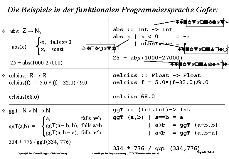 Die Beispiele in der funktionalen Programmiersprache Gofer: F nktionalitä abs : : Int -> Die Beispiele in der funktionalen Programmiersprache Gofer: F nktionalitä abs : : Int ->