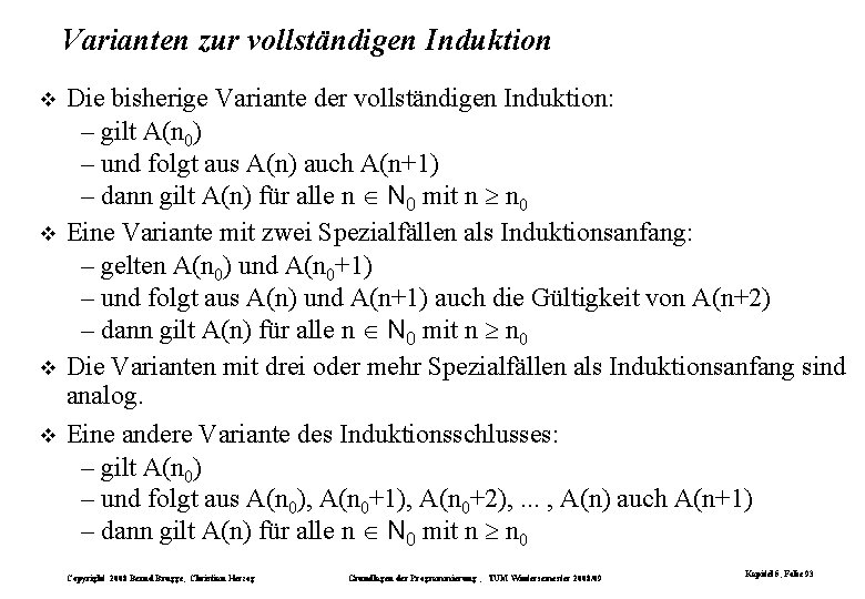 Varianten zur vollständigen Induktion Die bisherige Variante der vollständigen Induktion: – gilt A(n 0) Varianten zur vollständigen Induktion Die bisherige Variante der vollständigen Induktion: – gilt A(n 0)