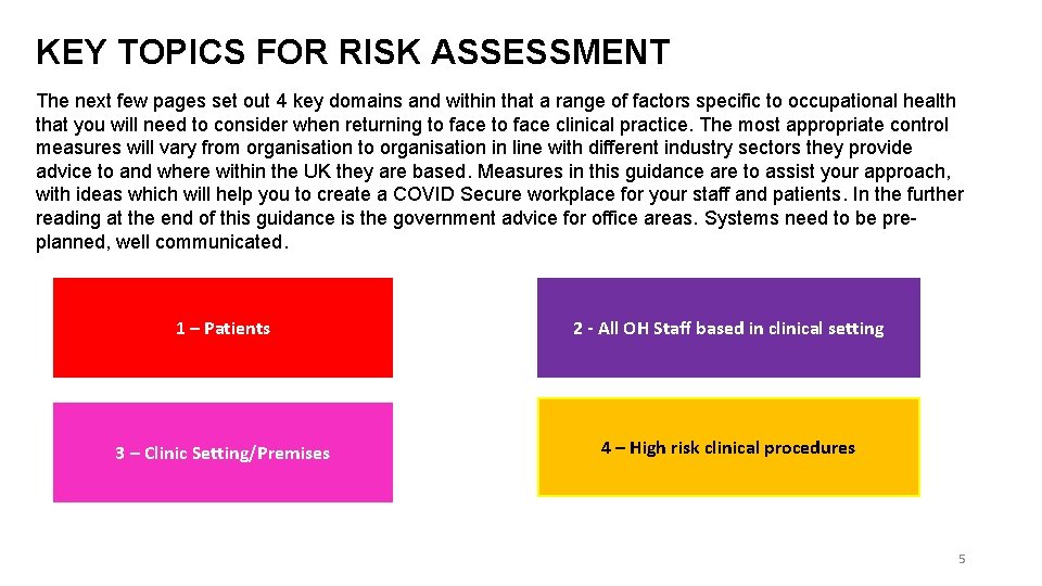 KEY TOPICS FOR RISK ASSESSMENT The next few pages set out 4 key domains