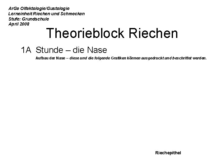 Ar. Ge Olfaktologie/Gustologie Lerneinheit Riechen und Schmecken Stufe: Grundschule April 2008 Theorieblock Riechen 1