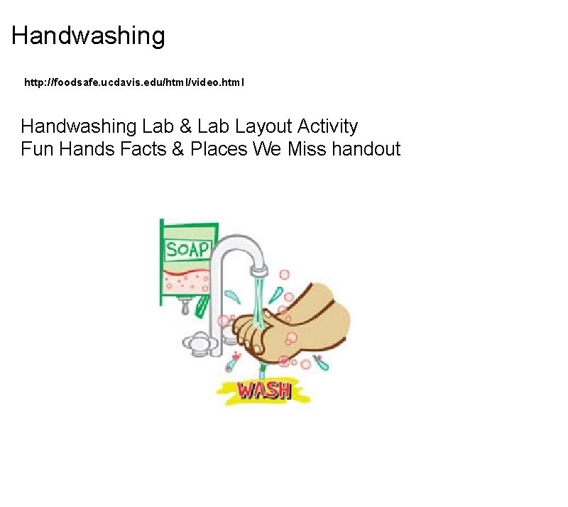 Handwashing http: //foodsafe. ucdavis. edu/html/video. html Handwashing Lab & Lab Layout Activity Fun Hands