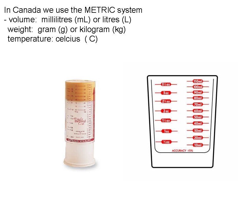 In Canada we use the METRIC system - volume: millilitres (m. L) or litres