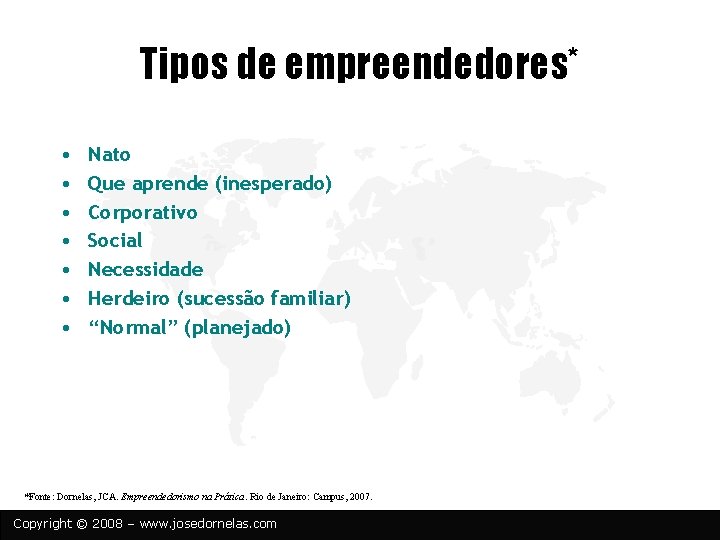 Tipos de empreendedores* • • Nato Que aprende (inesperado) Corporativo Social Necessidade Herdeiro (sucessão