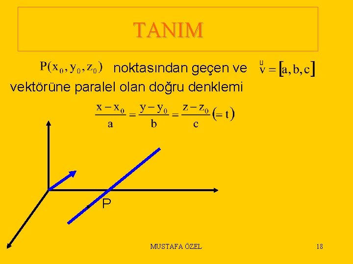 TANIM noktasından geçen ve vektörüne paralel olan doğru denklemi . P MUSTAFA ÖZEL 18