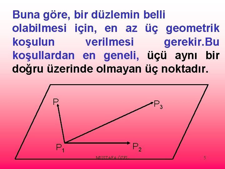 Buna göre, bir düzlemin belli olabilmesi için, en az üç geometrik koşulun verilmesi gerekir.