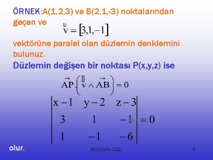 ÖRNEK: A(1, 2, 3) ve B(2, 1, -3) noktalarından geçen ve vektörüne paralel olan
