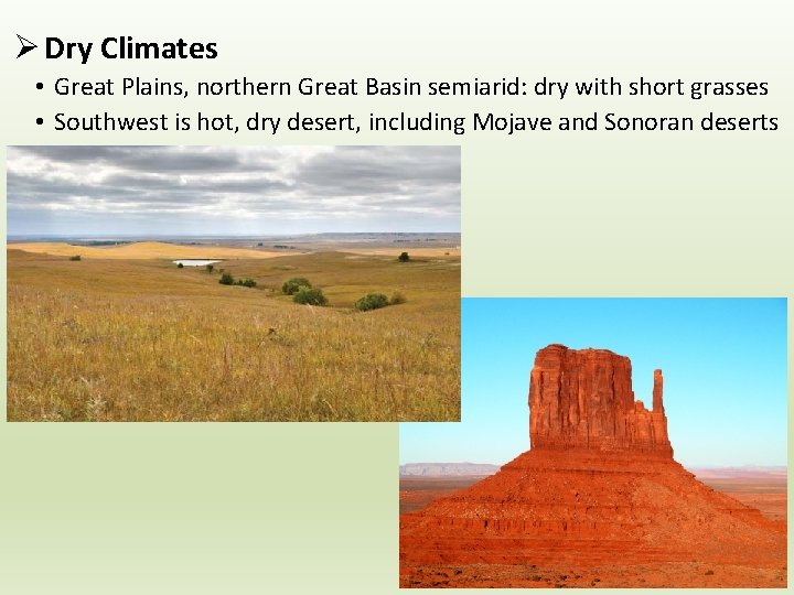 Ø Dry Climates • Great Plains, northern Great Basin semiarid: dry with short grasses