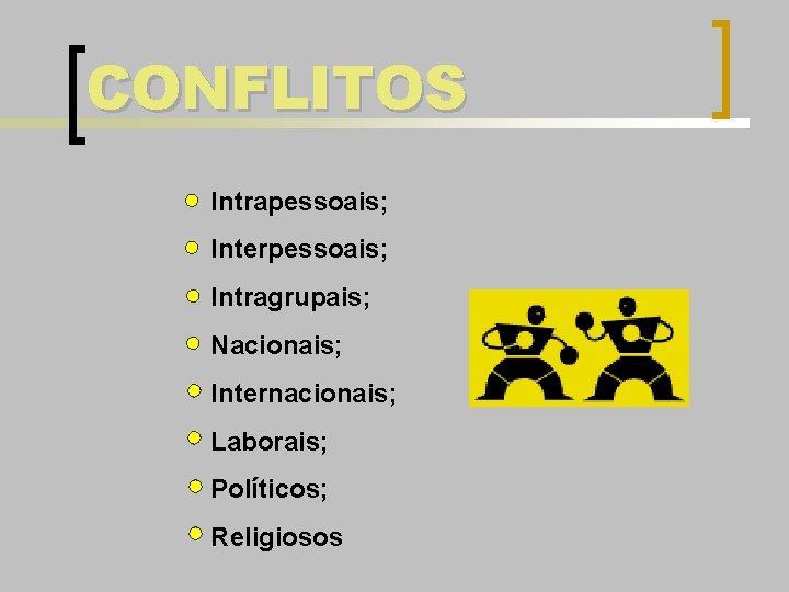 CONFLITOS Intrapessoais; Interpessoais; Intragrupais; Nacionais; Internacionais; Laborais; Políticos; Religiosos 