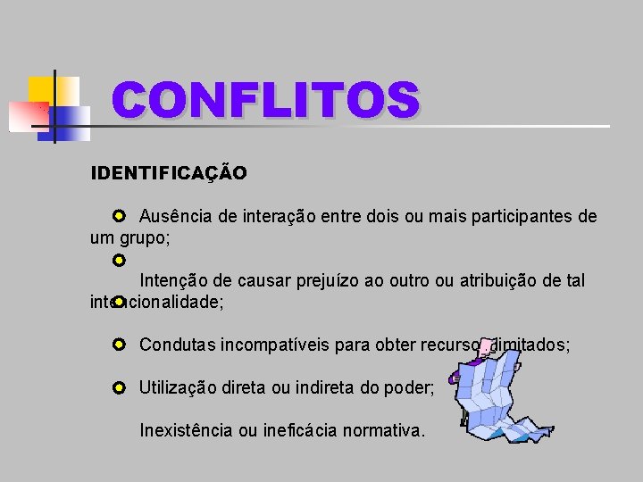 CONFLITOS IDENTIFICAÇÃO Ausência de interação entre dois ou mais participantes de um grupo; Intenção