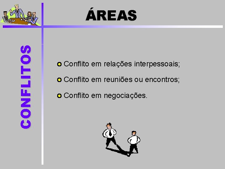 CONFLITOS ÁREAS Conflito em relações interpessoais; Conflito em reuniões ou encontros; Conflito em negociações.