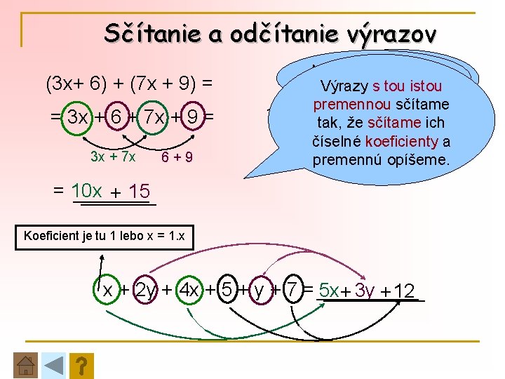 Sčítanie a odčítanie výrazov (3 x+ 6) + (7 x + 9) = =