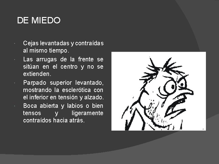  DE MIEDO Cejas levantadas y contraídas al mismo tiempo. Las arrugas de la