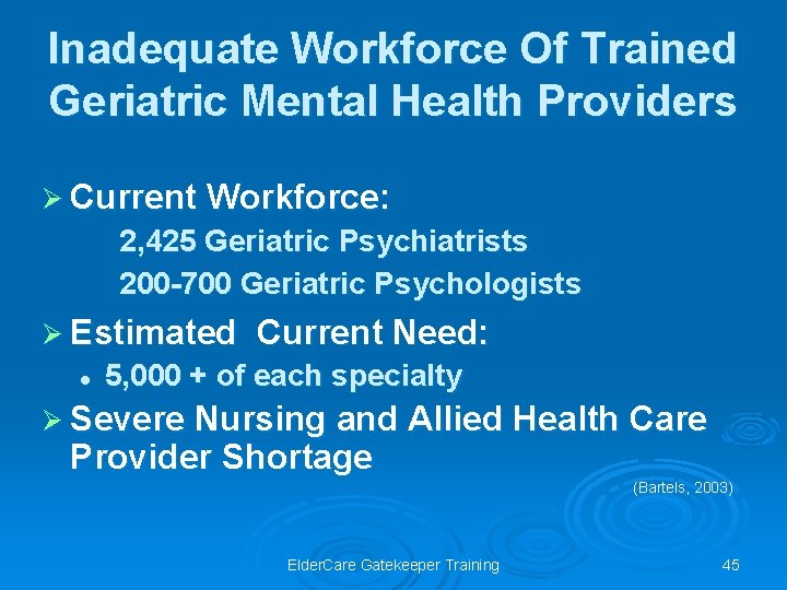 Inadequate Workforce Of Trained Geriatric Mental Health Providers Ø Current Workforce: 2, 425 Geriatric