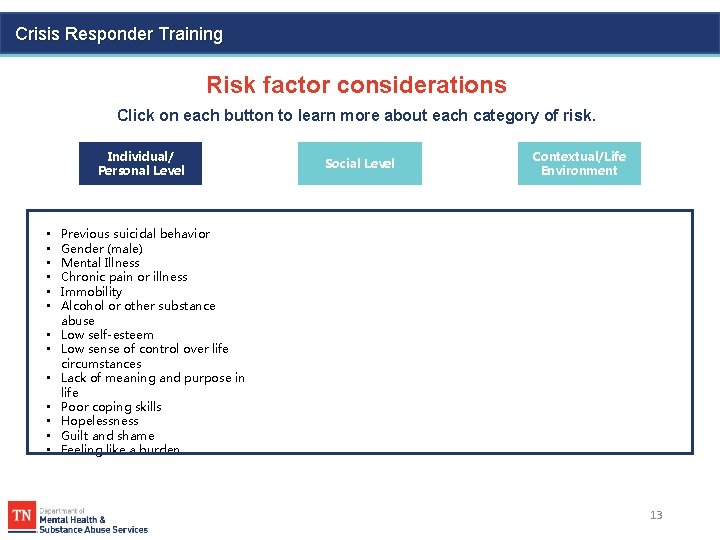 Crisis Responder Training Risk factor considerations Click on each button to learn more about