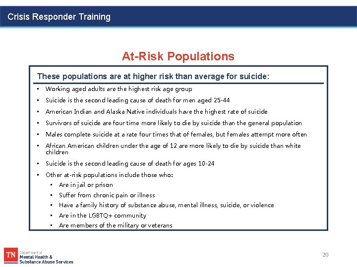 Crisis Responder Training At-Risk Populations These populations are at higher risk than average for