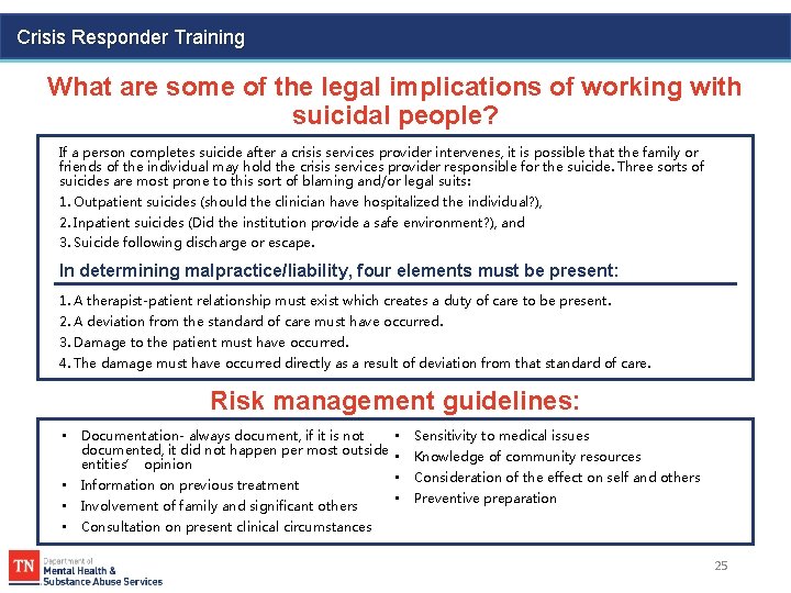 Crisis Responder Training What are some of the legal implications of working with suicidal