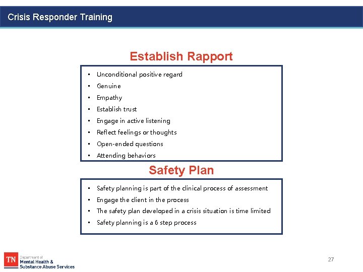 Crisis Responder Training Establish Rapport • Unconditional positive regard • Genuine • Empathy •