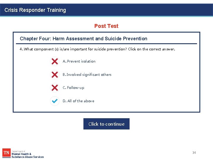 Crisis Responder Training Post Test Chapter Four: Harm Assessment and Suicide Prevention 4. What