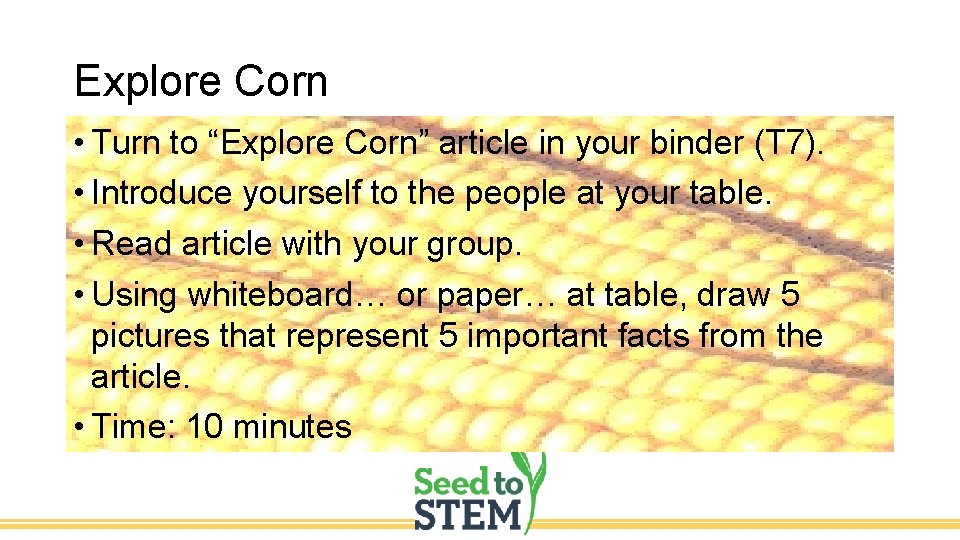 Explore Corn • Turn to “Explore Corn” article in your binder (T 7). •