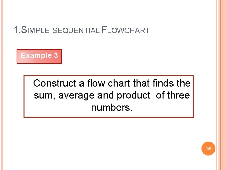 1. SIMPLE SEQUENTIAL FLOWCHART Example 3 Construct a flow chart that finds the sum,