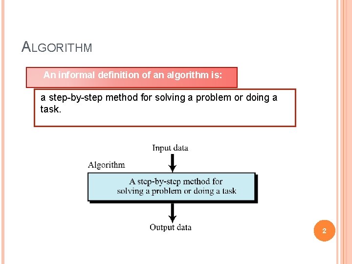 ALGORITHM An informal definition of an algorithm is: a step-by-step method for solving a