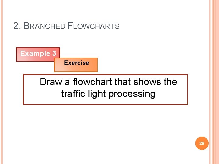 2. BRANCHED FLOWCHARTS Example 3 Exercise Draw a flowchart that shows the traffic light