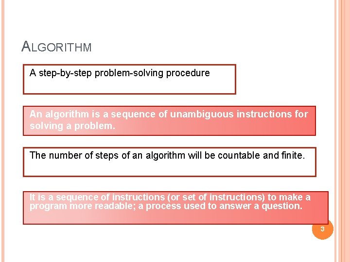 ALGORITHM A step-by-step problem-solving procedure An algorithm is a sequence of unambiguous instructions for