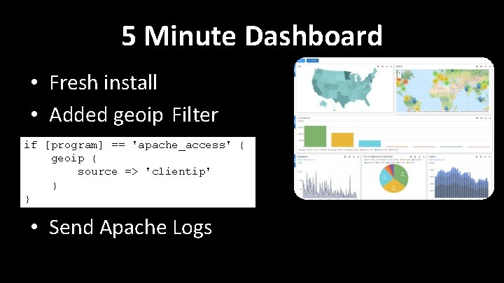 5 Minute Dashboard • Fresh install • Added geoip Filter if [program] == 'apache_access'