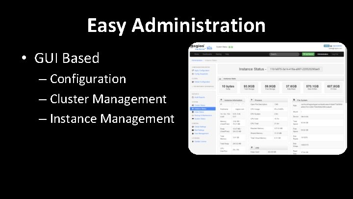 Easy Administration • GUI Based – Configuration – Cluster Management – Instance Management Easy Administration • GUI Based – Configuration – Cluster Management – Instance Management