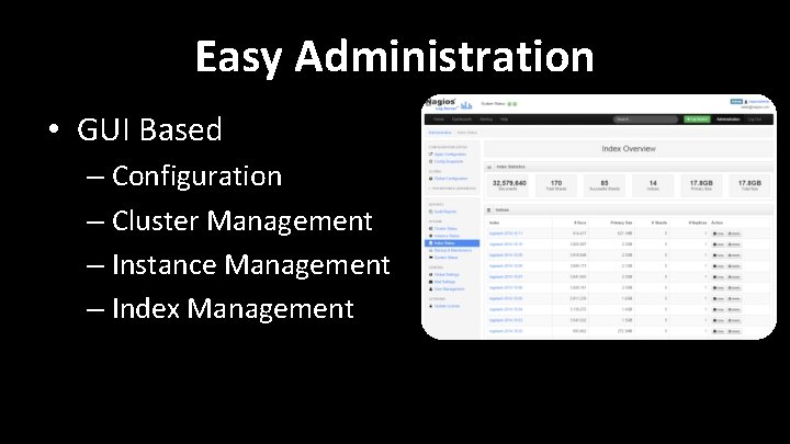 Easy Administration • GUI Based – Configuration – Cluster Management – Instance Management – Easy Administration • GUI Based – Configuration – Cluster Management – Instance Management –