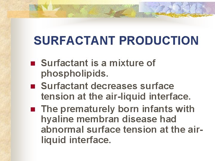 SURFACTANT PRODUCTION n n n Surfactant is a mixture of phospholipids. Surfactant decreases surface