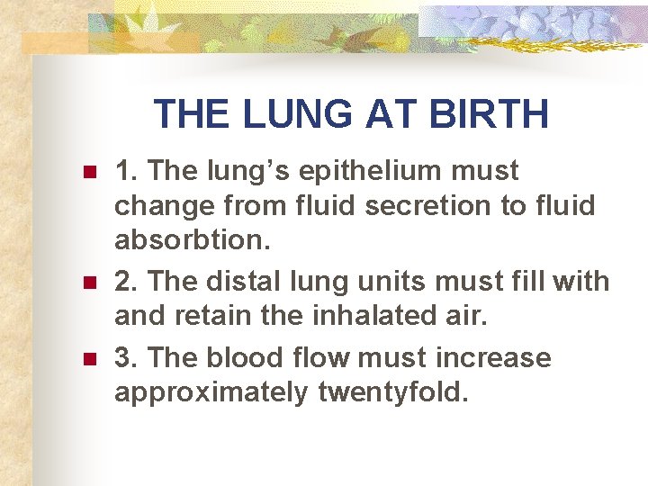 THE LUNG AT BIRTH n n n 1. The lung’s epithelium must change from