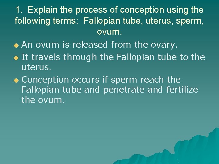 1. Explain the process of conception using the following terms: Fallopian tube, uterus, sperm,