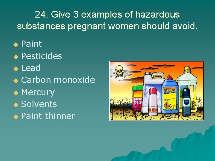 24. Give 3 examples of hazardous substances pregnant women should avoid. Paint u Pesticides