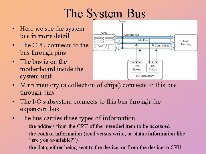 The System Bus • Here we see the system bus in more detail •