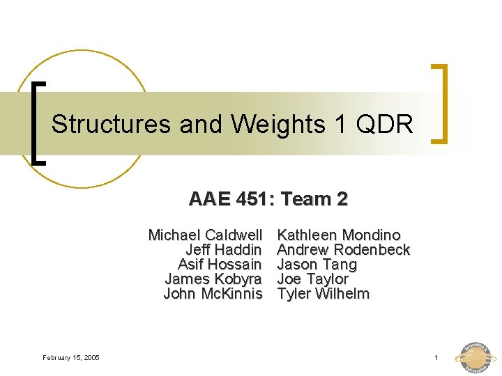 Structures and Weights 1 QDR AAE 451: Team 2 Michael Caldwell Jeff Haddin Asif