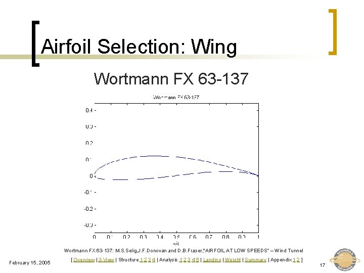 Airfoil Selection: Wing Wortmann FX 63 -137: M. S. Selig, J. F. Donovan and